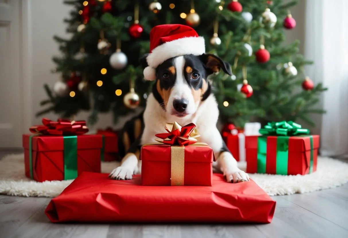 En hund pakker en gave ud under et juletræ